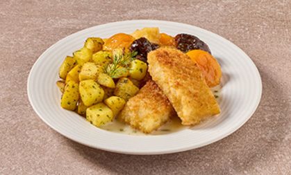 Vissticks met tuttifrutti en gebakken aardappelen