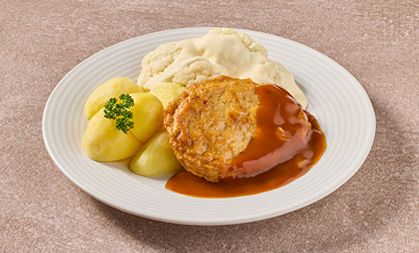 Kipburger in jus met bloemkoolroosjes in kaassaus en gekookte aardappelen