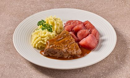Runderlapje in jus met Hollandse stoofperen en aardappelpuree