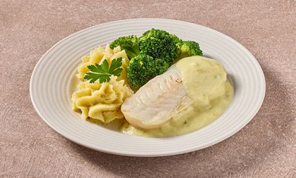 Gestoofde vis in hollandaisesaus met broccoliroosjes en aardappelpuree (kleine maaltijd)