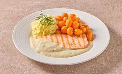 Zalmfilet in dillesaus met Parijse worteltjes en aardappelpuree (kleine maaltijd)