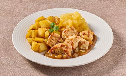 Kip in uiensaus met appelmoes en gebakken aardappelen (Na-arm)