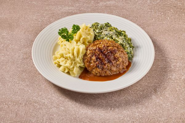 Hollandse gehaktbal in jus met romige andijvie en aardappelpuree