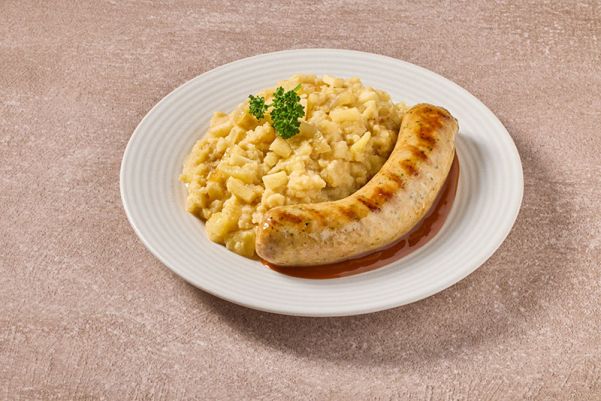 Hete bliksem met braadworst in jus