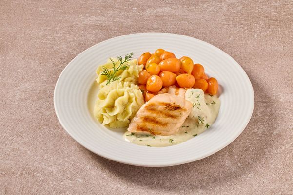 Zalmfilet in dillesaus met Parijse worteltjes en aardappelpuree