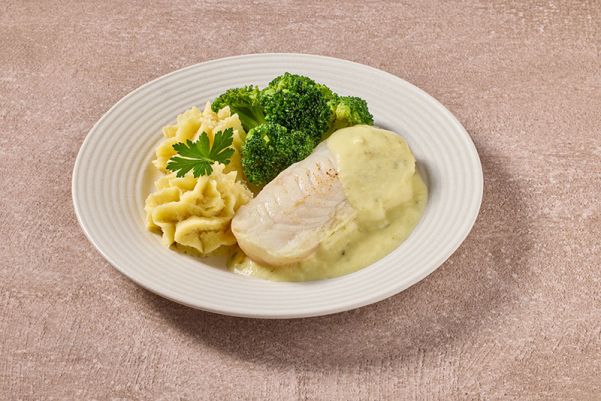 Gestoofde vis in hollandaisesaus met broccoliroosjes en aardappelpuree (kleine maaltijd)