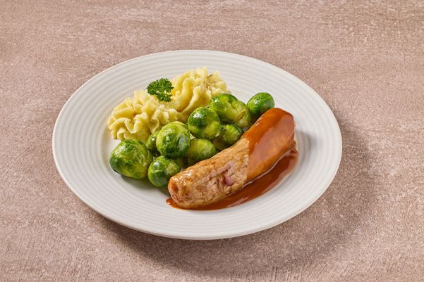 Braadworst met spruitjes en aardappelpuree (kleine maaltijd)