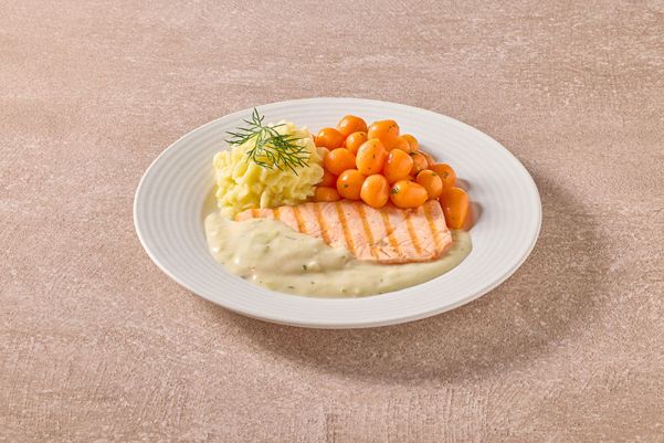 Zalmfilet in dillesaus met Parijse worteltjes en aardappelpuree (kleine maaltijd)