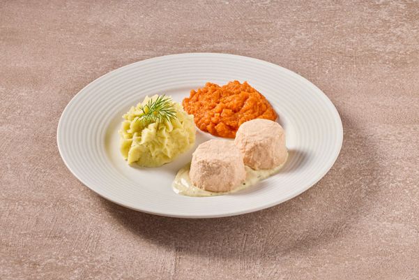 Zalm in vissaus met wortelen en aardappelpuree (gemalen)