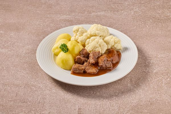 Runderstoofvlees met bloemkool en gekookte aardappelen (Na-arm)