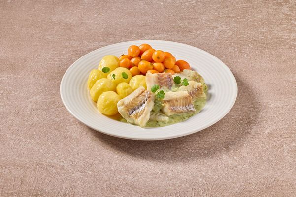 Visfilet in een waterkerssaus met Parijse wortelen en gekookte krieltjes (zoutarm)